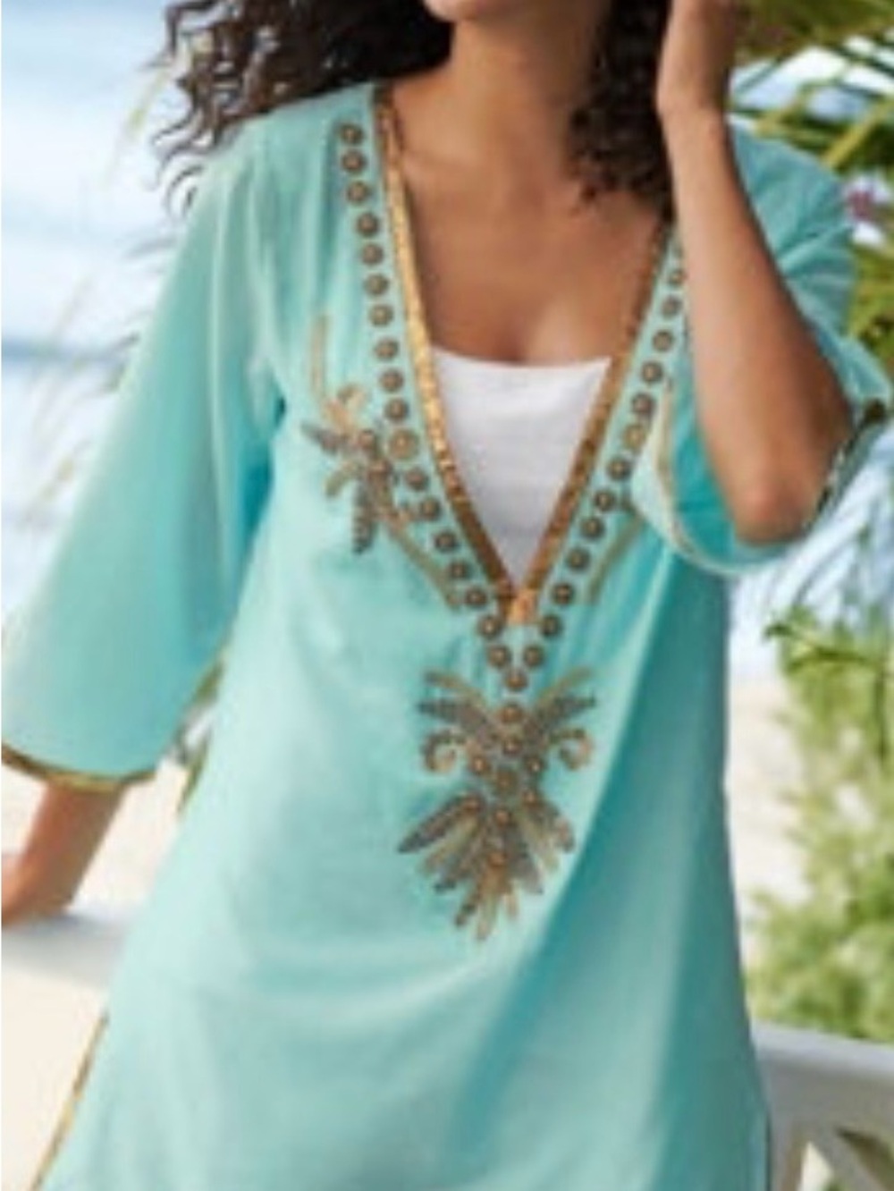Soft Surroundings Light Aqua Embellished V-Neck Tunic